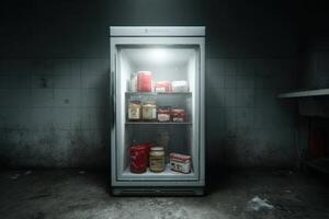 Fridge open at midnight reveals hidden late-night snacks and food choices photo