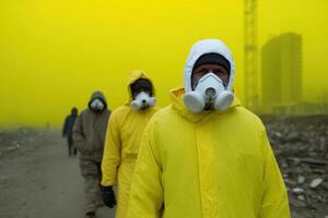 Workers in protective gear navigating corroded metal surfaces during acid rain photo