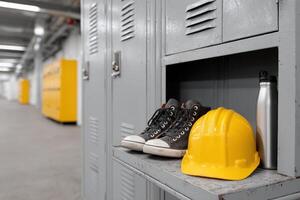 Workers gear on an open locker shelf in a corridor of an industrial facility photo