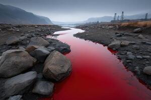 Meat processing plant runoff creates a striking red stream amidst rocky landscape photo