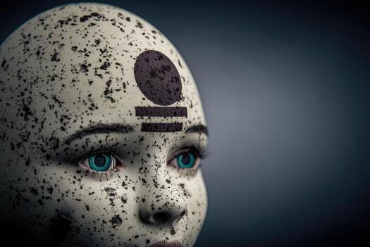 Futuristic humanoid figure with unique markings and artificial features in abstract setting photo