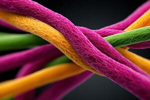 Colorful plastic fibers entangled in a complex arrangement against a dark background photo