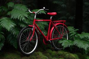 Bright red bicycle blends into dense jungle foliage creating a vivid nature contrast photo