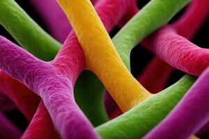 View of colorful plastic fibers entangled in intricate patterns and textures photo
