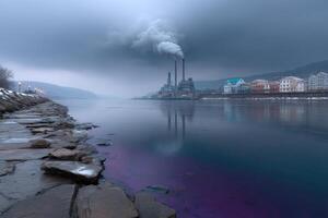 Foam spills from a chemical plant into the river under a cloudy sky photo