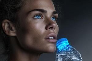 Young adult enjoys hydration from reusable plastic bottle in a dim environment photo