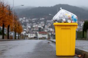 Yellow trash bin filled with sorted plastic waste set against a rainy background photo