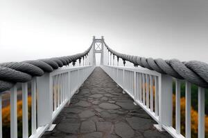Suspension bridge leads through foggy landscape towards a distant viewpoint photo