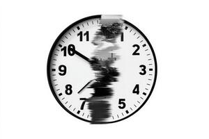 Glitched clock face displaying reversed numbers and distorted time representation photo