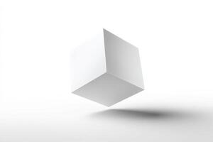 Broken cube with inverted corners suspended over a smooth white background photo