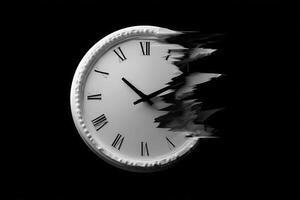Conceptual representation of time distortion through a clock with reversed numbers and glitch effects photo