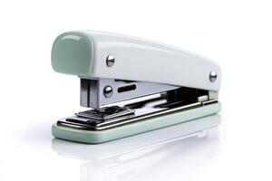 Metal stapler folded in a non-Euclidean loop on a reflective surface in a well-lit room photo