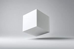 Cube with inverted corners and broken edges appears to float in a minimalistic space photo