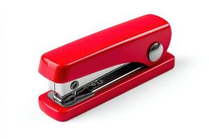 Bright red stapler folded in a non-Euclidean loop on a minimalistic background photo