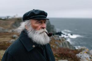 Sea captain enjoys a peaceful moment while fishing alone on a rocky coast during twilight photo
