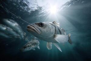 Fish caught on a hook under water while competing for bait in bright sunlight photo