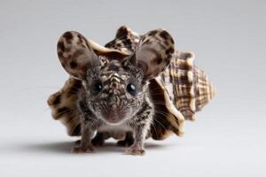 Little mouse with a humorous bread crust shell posing for a quirky photo