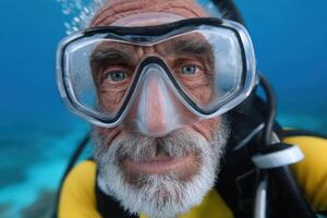 Elderly man explores underwater world wearing scuba diving mask in clear blue ocean photo