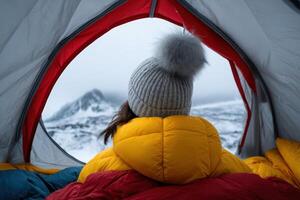 Experience ice fishing in a cozy tent with a glowing heater on a winter day photo