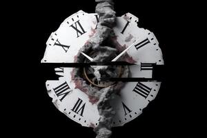Mysterious clock face displaying reversed numbers with glitch effect and broken surface photo