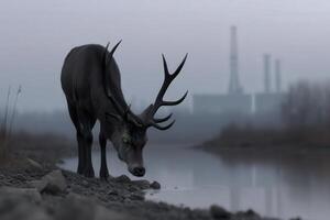 Deer with glowing green eyes drinks water by the foggy riverside at dawn photo