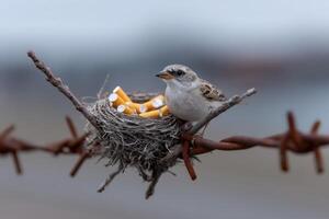 Unique nest made from wires and cigarette butts next to a small bird sitting quietly photo