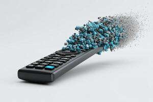 Remote device dissolving into streams of binary code and digital data particles photo