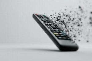 Remote control dissolving into binary code illustrates digital transformation process photo