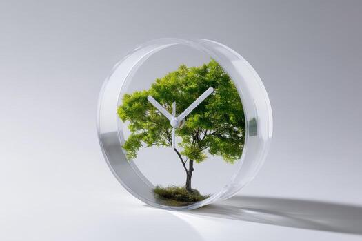 Clock features tiny forest ecosystem with lively greenery and intricate details photo