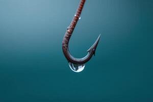 Hook dangling above water surface with a drop of water at the tip photo