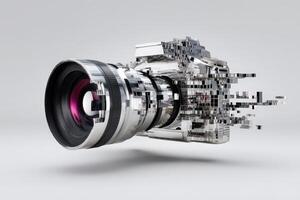 Unique camera design showcasing melting lens and pixelated effects in an artistic composition photo
