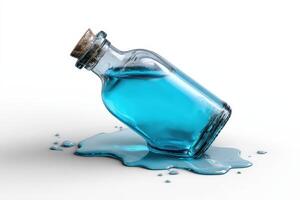 Bottle melts into a blue water puddle created by spilled liquid photo