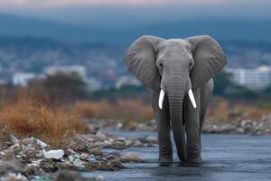 Elephant drinks from polluted river surrounded by debris in urban landscape at dusk photo