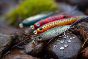 Fishing gear displayed on wet rocks with vibrant lures resting nearby during a calm outdoor moment photo