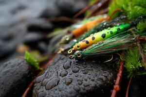 Close-up view of colorful fishing gear on wet rocks near a riverbank photo