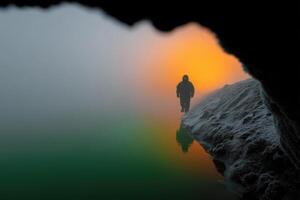 Mysterious glowing fishing hole draws attention at dawn in a foggy landscape photo
