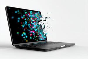 Laptop with broken hinge and screen bleeding displays vibrant visual distortion and damage photo