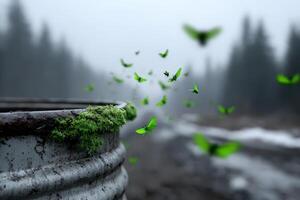 Swarm of insects surrounds a leaking chemical drum in a misty forest environment photo