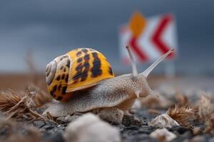 Snail with cracked shell crawls across the road near warning signs under a cloudy sky photo