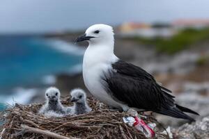 Bird feeds plastic shards to chicks in their coastal nest near the ocean photo