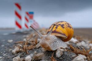 Cracked shell snail crawling across a road near construction signs on a cloudy day photo