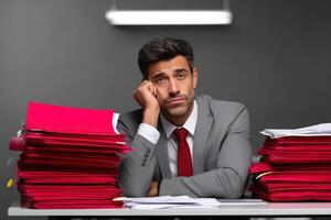 Professional man overwhelmed by paperwork in modern office setting during work hours photo
