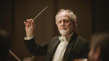 Celebrated conductor leading orchestra in a classical music performance at a concert hall photo