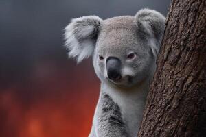 Koala perched on a tree amidst an intense wildfire background in Australia photo