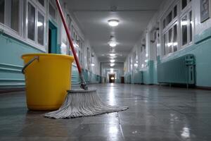 Mopping the empty high school hallway in preparation for a new school day photo
