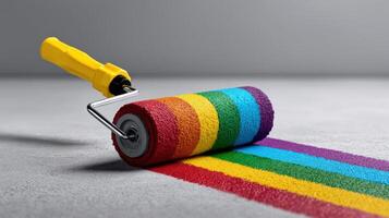 Colorful paint roller with yellow handle rolling out vibrant stripes on a smooth surface photo