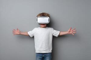 Child explores virtual reality in a gray room with arms outstretched during an immersive experience photo