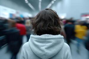Walking alone in a blurred crowd during a busy event in an urban setting photo