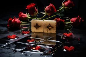 Dramatic tic-tac-toe with roses and heart decorations in a reflective setting at night photo