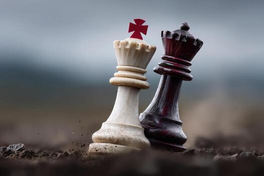 Surreal clash of chess pieces on an abstract battlefield under a moody sky photo